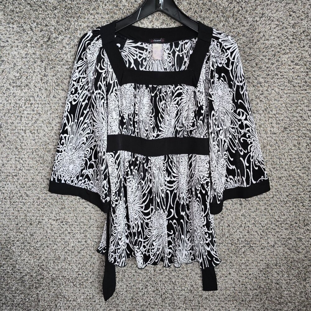 Cocomo Top Womens Medium Black Pleated Square Neck Blouse‎ Tie Casual Ladies